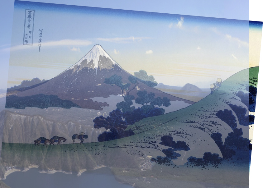 北斎「甲州犬目峠」と実際の横幅を縮小した富士山を重ね合わせ